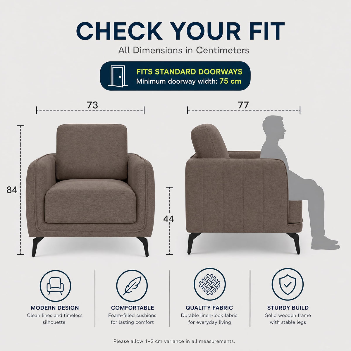 Brixton Dark Brown Linen Look Fabric Armchair, Modern Accent Chair with Solid Wood Frame and Black Steel Legs