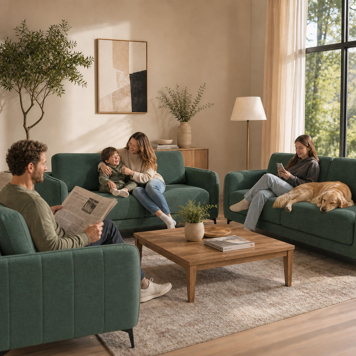 Brixton Green Fabric Sofa Suite, Armchair, 2 Seater and 3 Seater Set, Linen Look with Solid Wood Frame