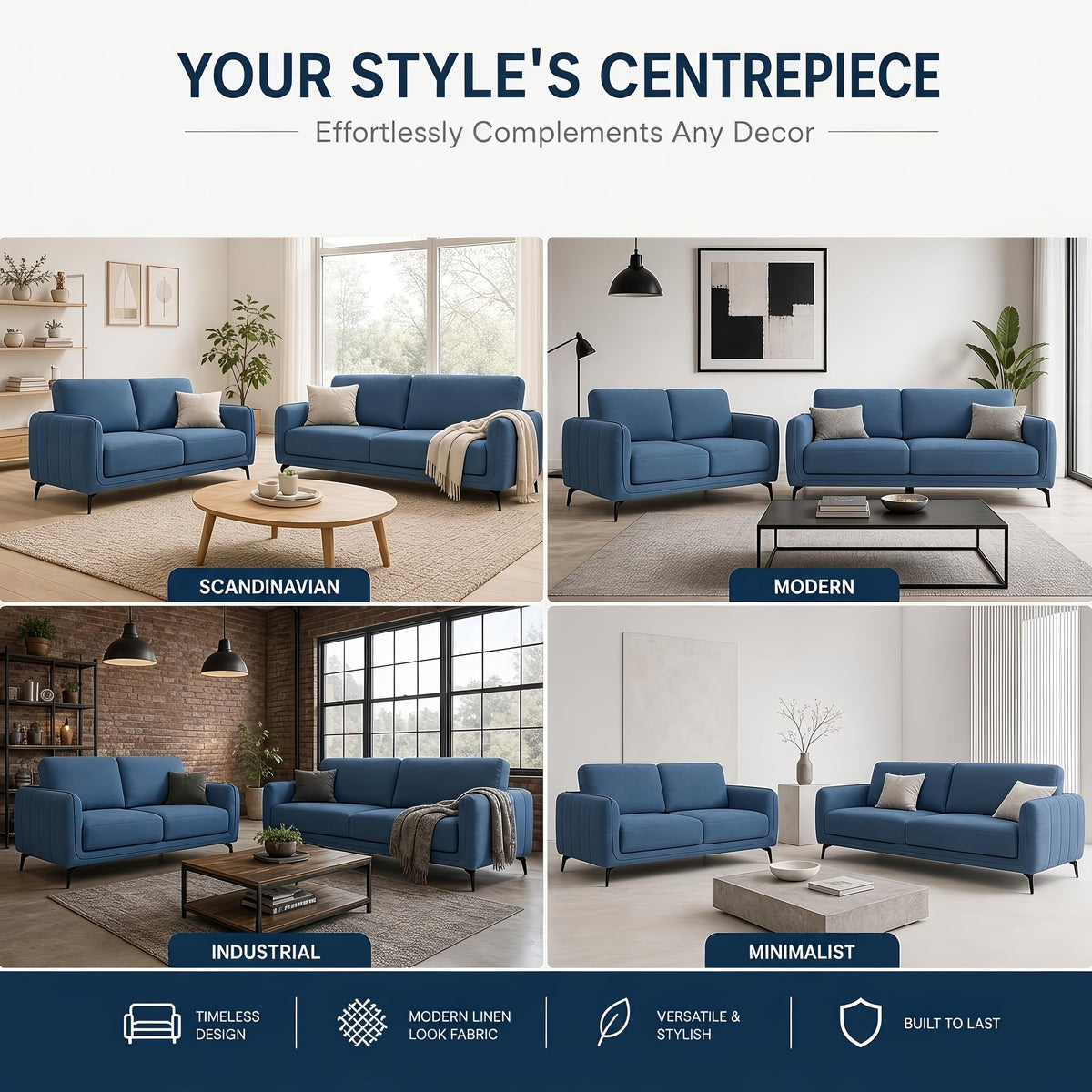 Brixton Blue Fabric Sofa Set, 2 Seater and 3 Seater Linen Look Settees with Solid Wood Frame and Steel Legs