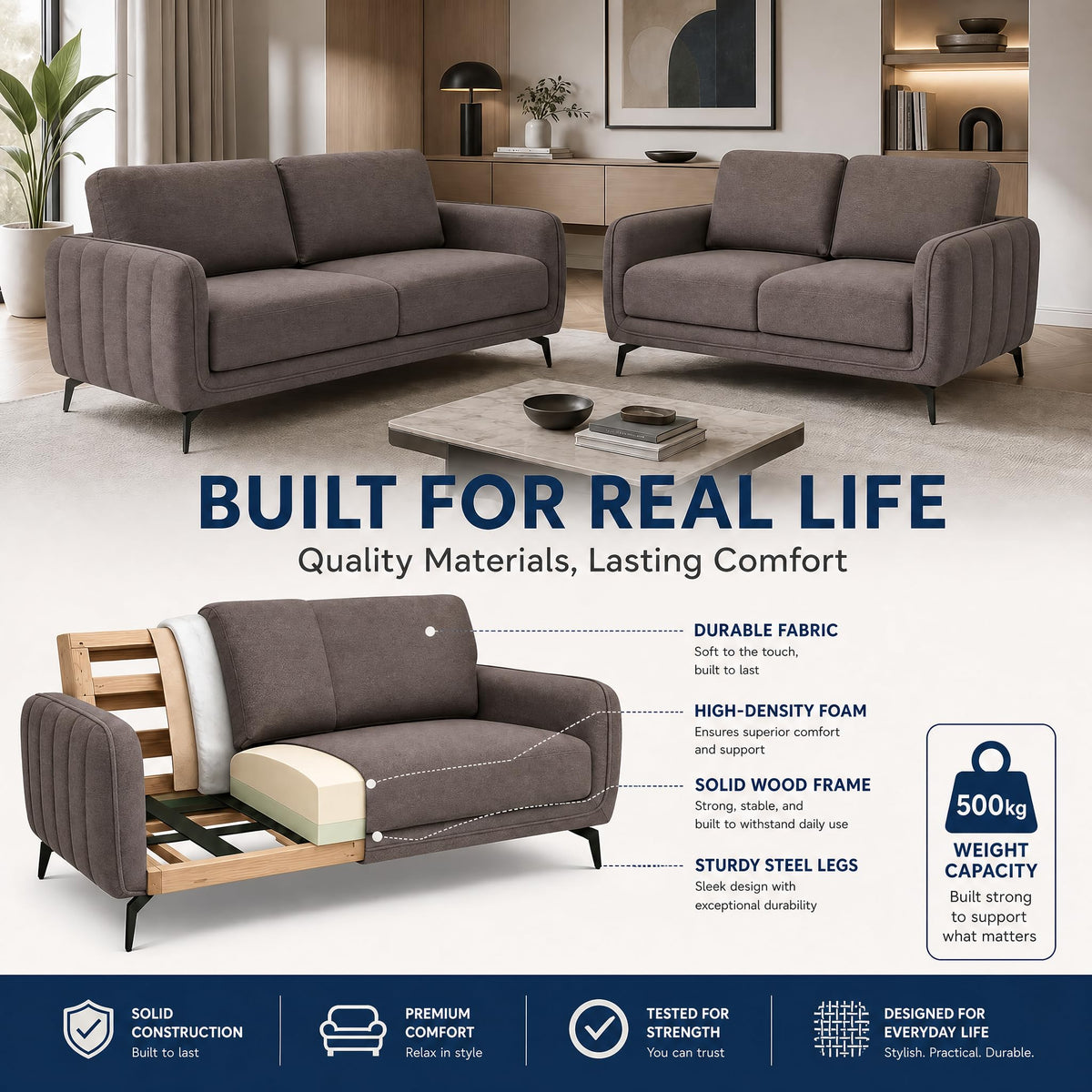 Brixton Dark Brown Fabric Sofa Set, 2 Seater and 3 Seater Linen Look Settees with Solid Wood Frame and Steel Legs