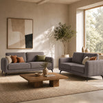 Brixton Dark Brown Fabric Sofa Set, 2 Seater and 3 Seater Linen Look Settees with Solid Wood Frame and Steel Legs