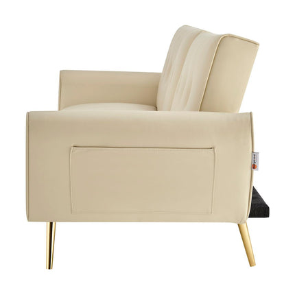 Lora 3 Seater Faux Leather Click Clack Sofa Bed with 2 Cup Holders - Beige-5056536103901-Bargainia.com