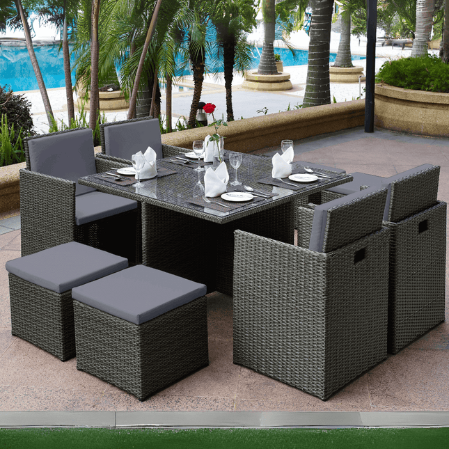 Duomo Rattan Cube Garden Furniture 8 Seater Table & Chairs Set With Rain Cover Clearance