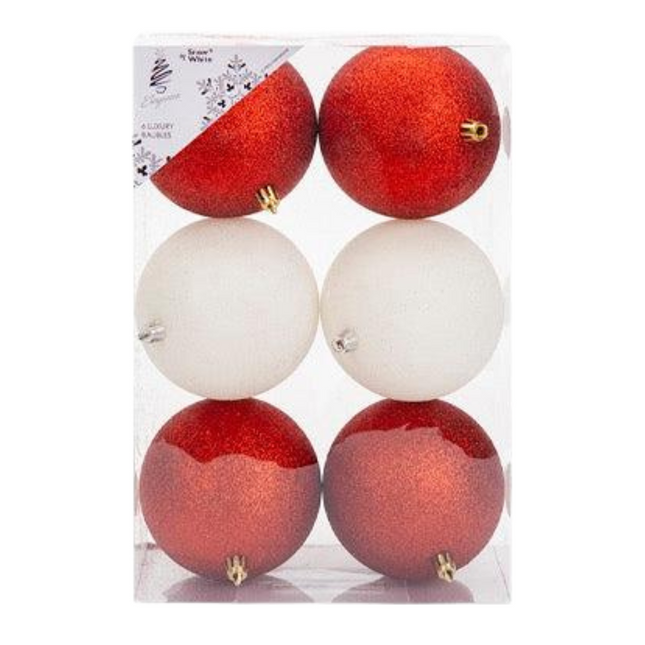 Large Baubles Red & White 10cm Shatterproof Set of 6