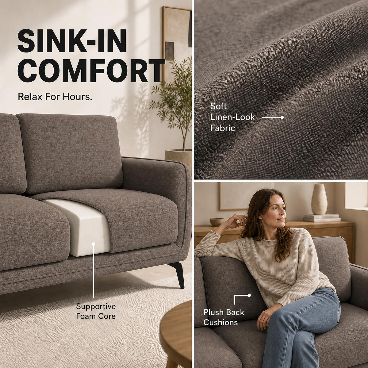 Brixton Dark Brown Fabric Sofa, 2 Seater Linen Look Settee with Solid Wood Frame, Foam Cushions and Steel Legs