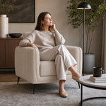 Brixton Cream Linen Look Fabric Armchair, Modern Accent Chair with Solid Wood Frame and Black Steel Legs