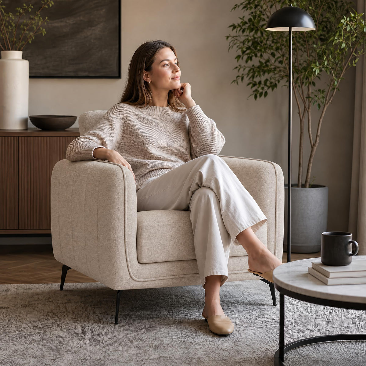 Brixton Cream Linen Look Fabric Armchair, Modern Accent Chair with Solid Wood Frame and Black Steel Legs
