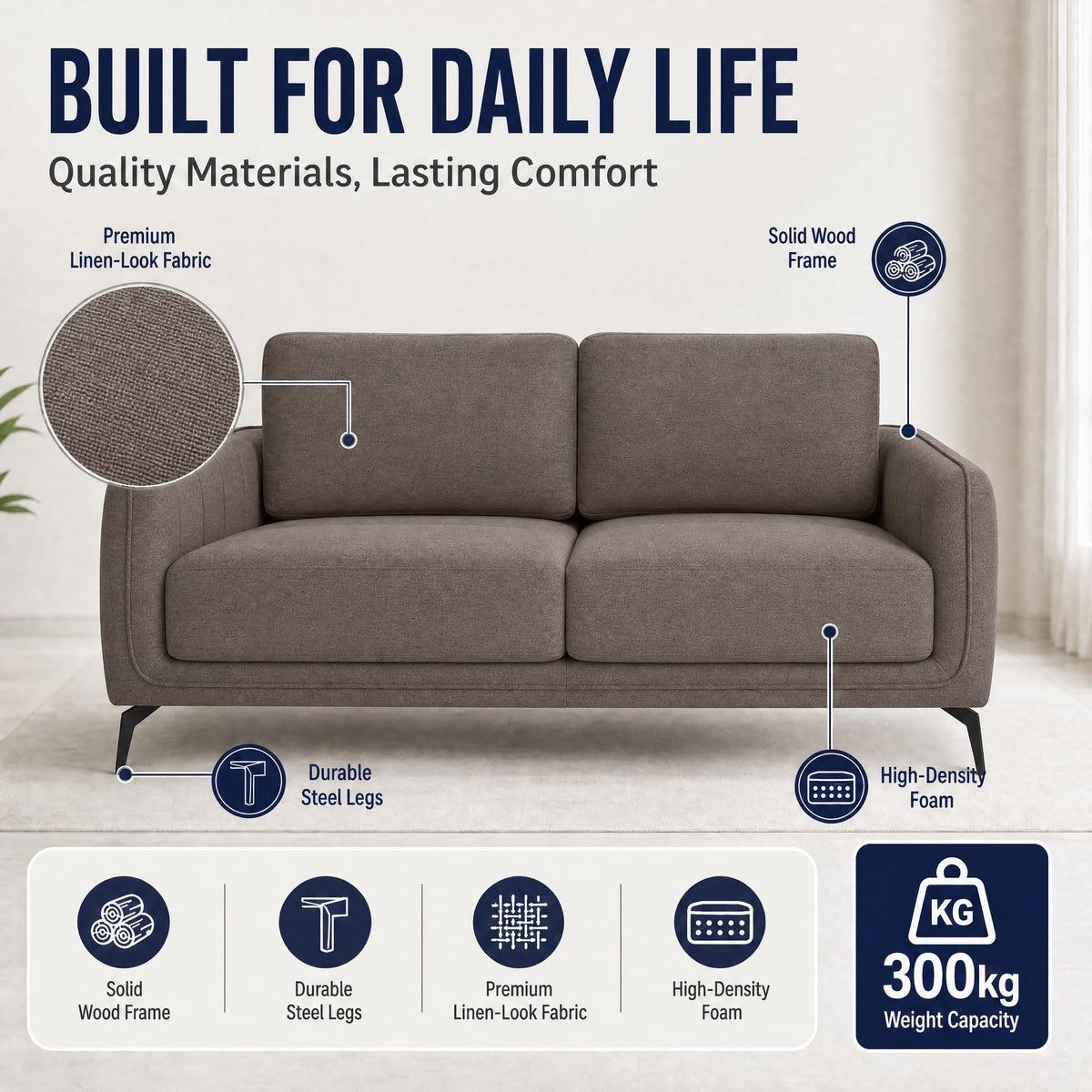 Brixton Dark Brown Linen Look Fabric 3 Seater Sofa, Modern Couch with Foam Cushions and Black Steel Legs