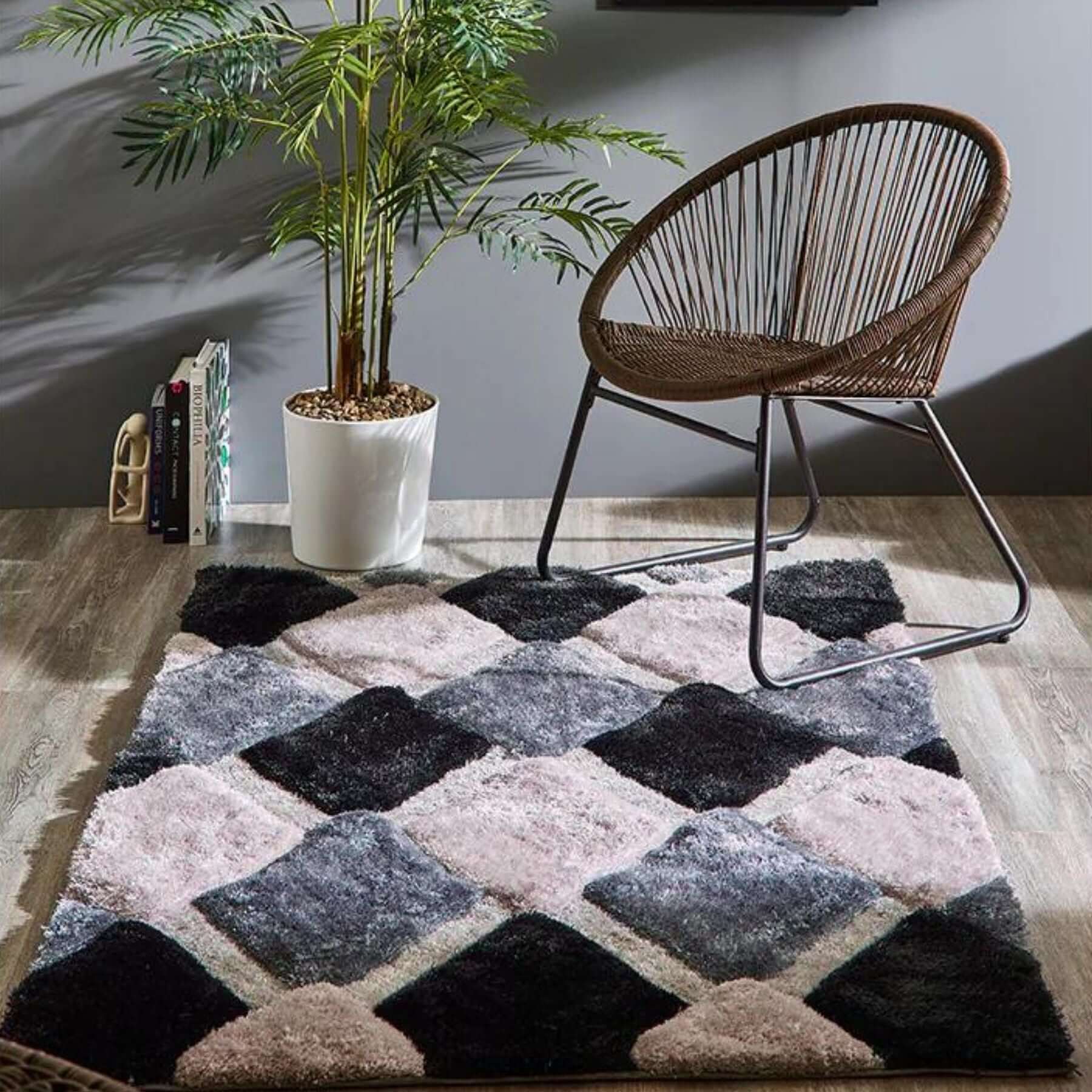 3D Grey Geometric Shaggy Rug - Bargainia.com - 