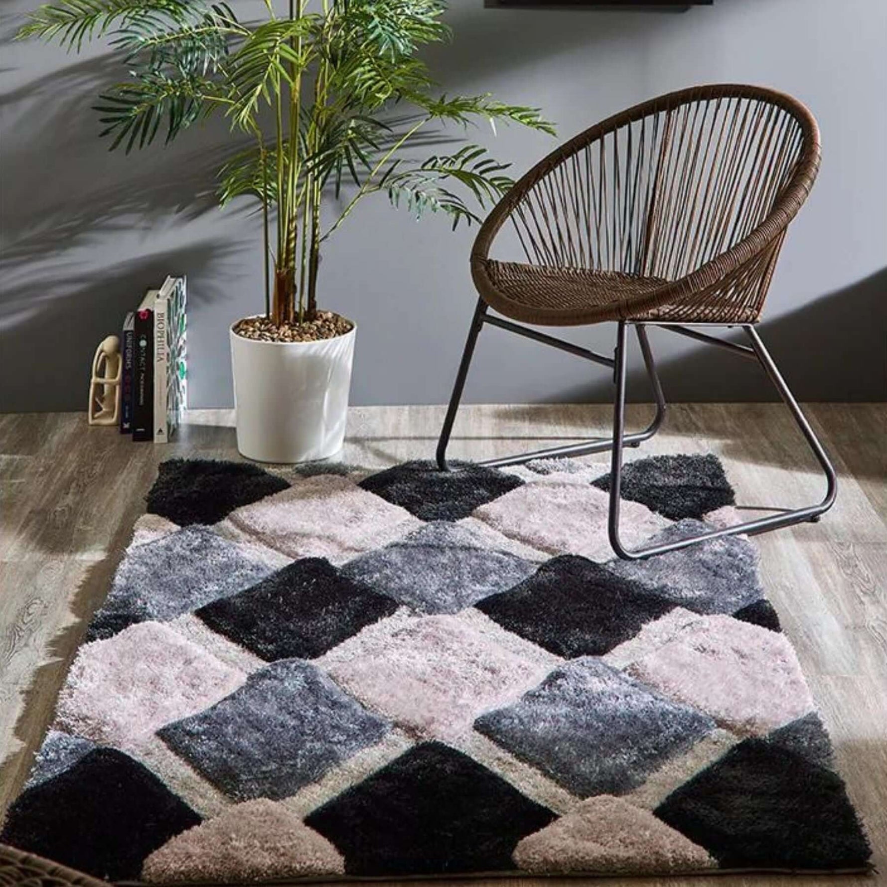 3D Grey Geometric Shaggy Rug - Bargainia.com - 