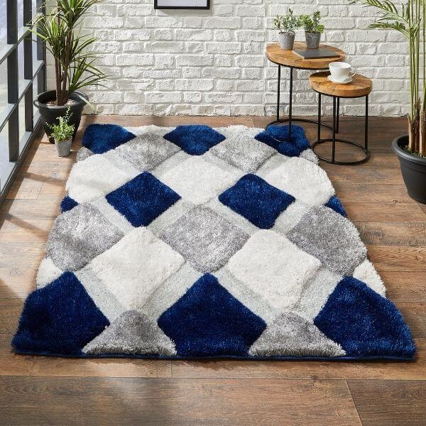 3D Navy Geometric Shaggy Rug - Bargainia.com - 