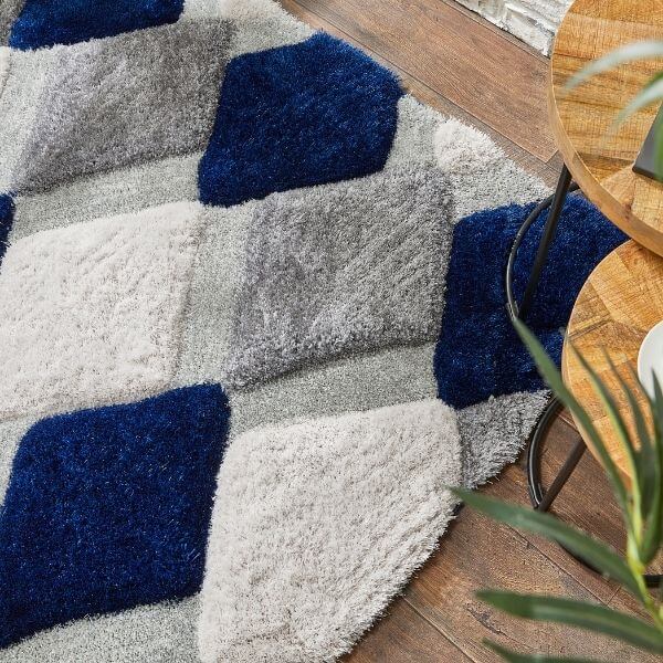 3D Navy Geometric Shaggy Rug - Bargainia.com - 
