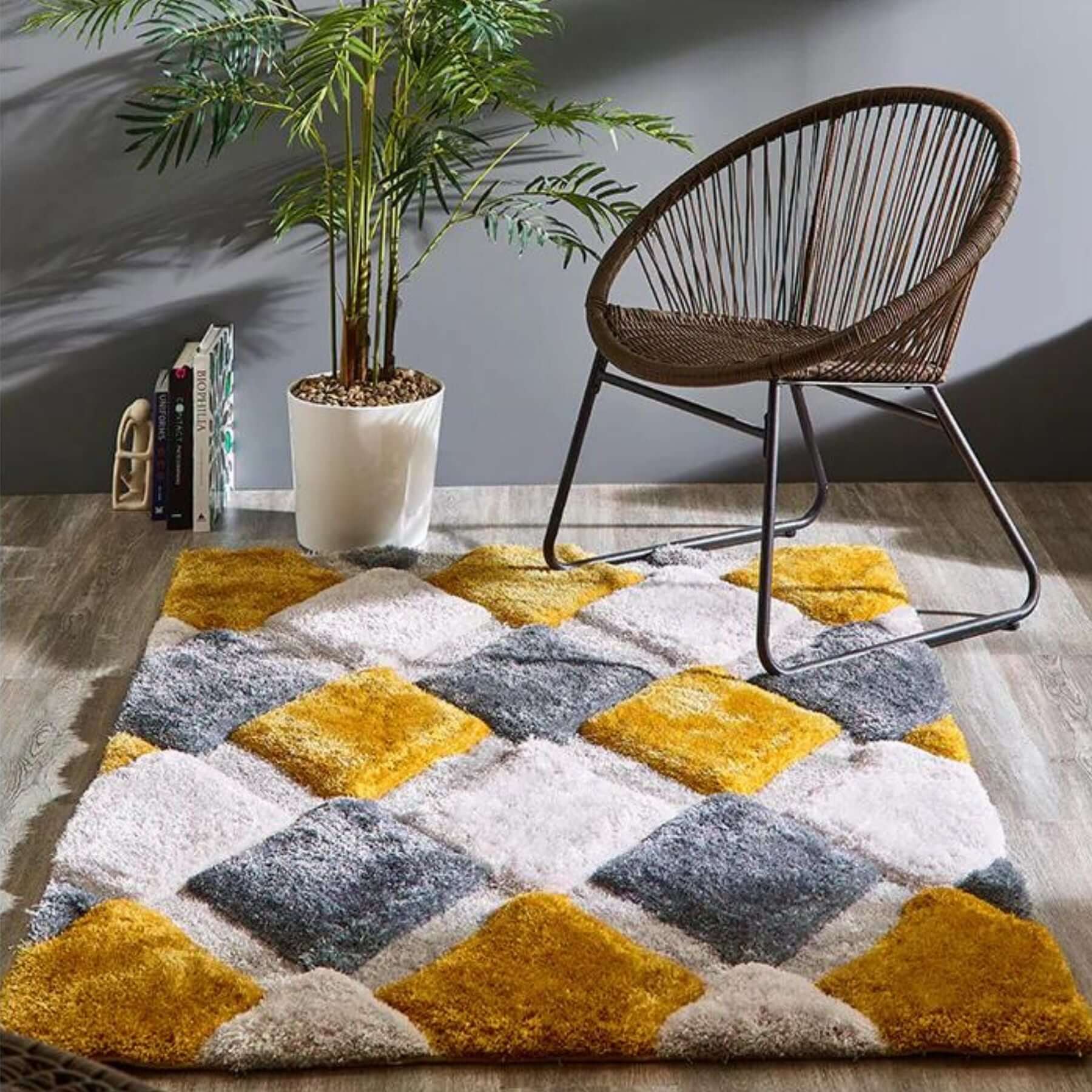 3D Ochre Geometric Shaggy Rug - Bargainia.com - 5026134565081 - 3DGEOS_OCHREX_060X110