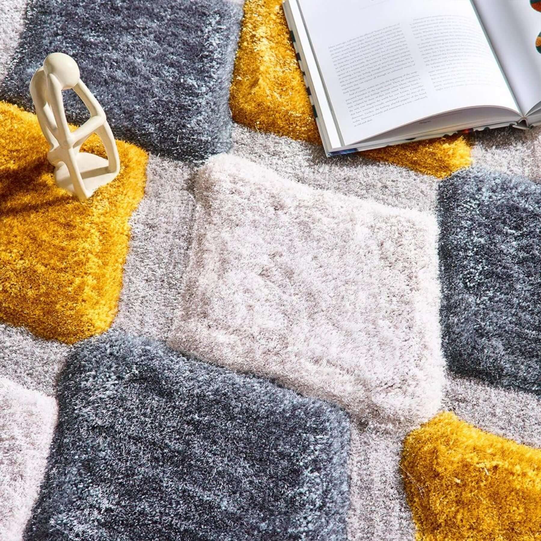 3D Ochre Geometric Shaggy Rug - Bargainia.com - 5026134565081 - 3DGEOS_OCHREX_060X110
