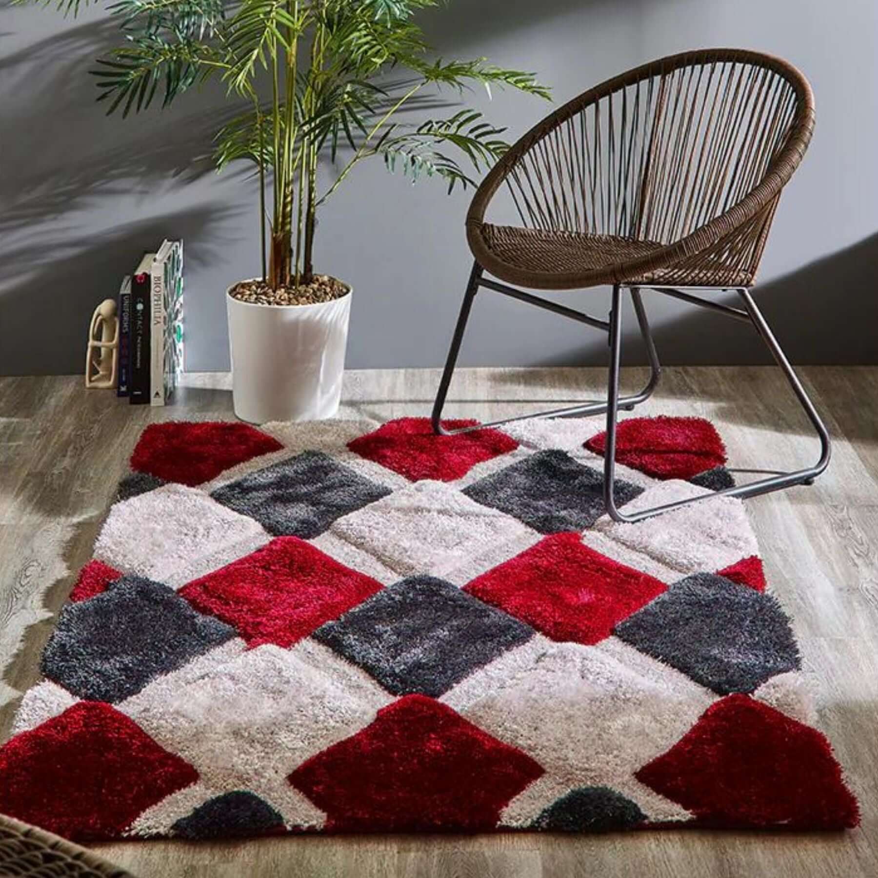3D Red Geometric Shaggy Rug - Bargainia.com - 5026134565128 - 3DGEOS_REDXXX_060X110