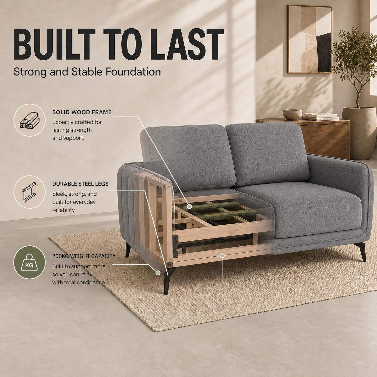Brixton Grey Fabric Sofa, 2 Seater Linen Look Settee with Solid Wood Frame, Foam Cushions and Steel Legs