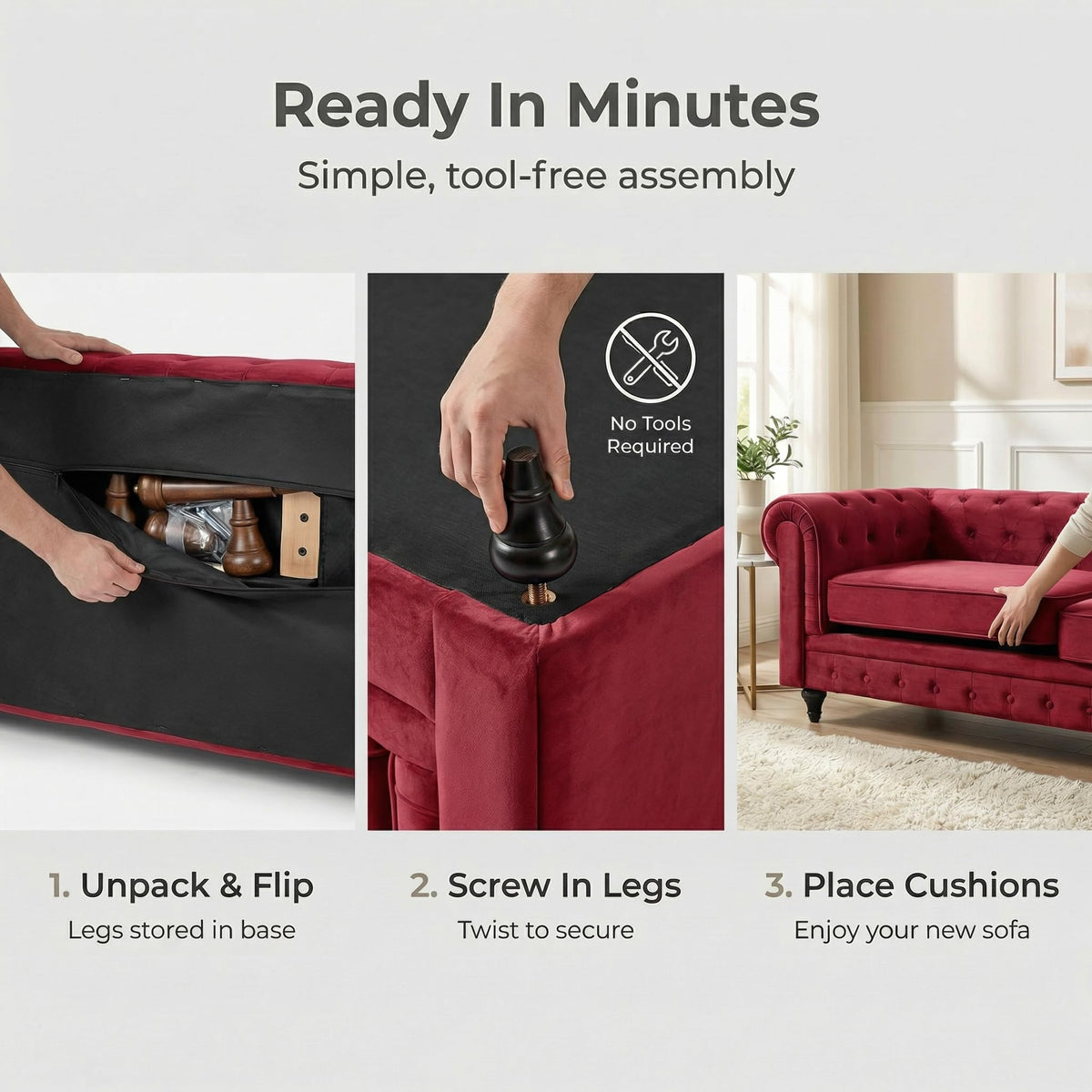 Chesterfield Velvet Sofa Set, Wine Red 2 and 3 Seater Sofas, Button Tufted Back, Scroll Arms and Solid Wood Frame