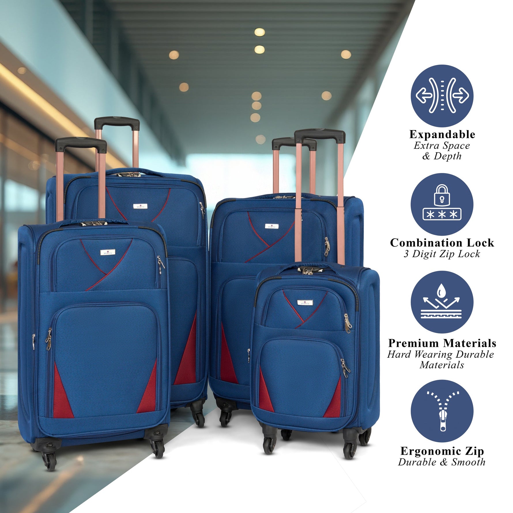 4 - Wheel Suitcase Set Soft Shell Luggage, Set of 4 L,M,S,Cabin - Assorted Colours - Bargainia.com - 