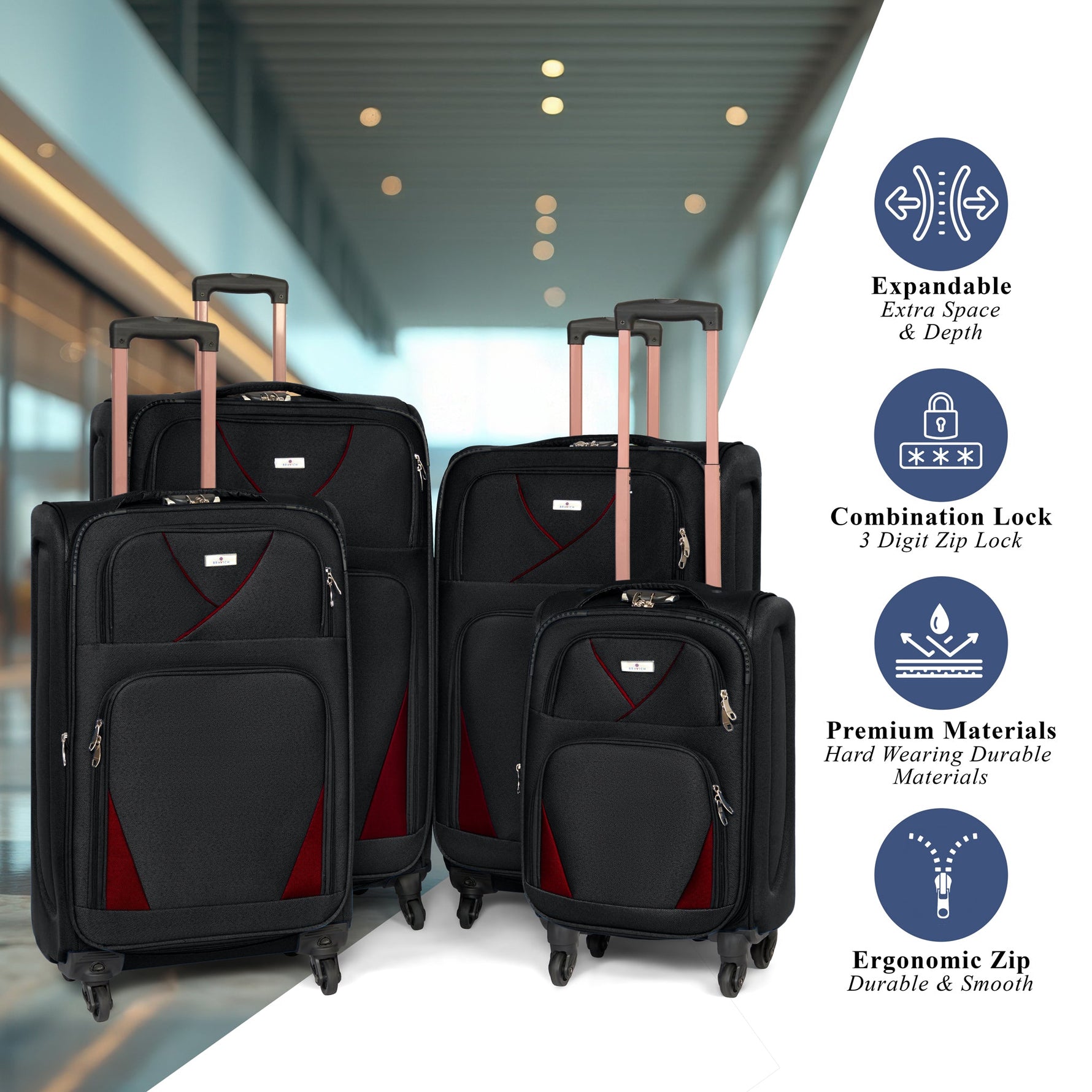 4 - Wheel Suitcase Set Soft Shell Luggage, Set of 4 L,M,S,Cabin - Assorted Colours - Bargainia.com - 