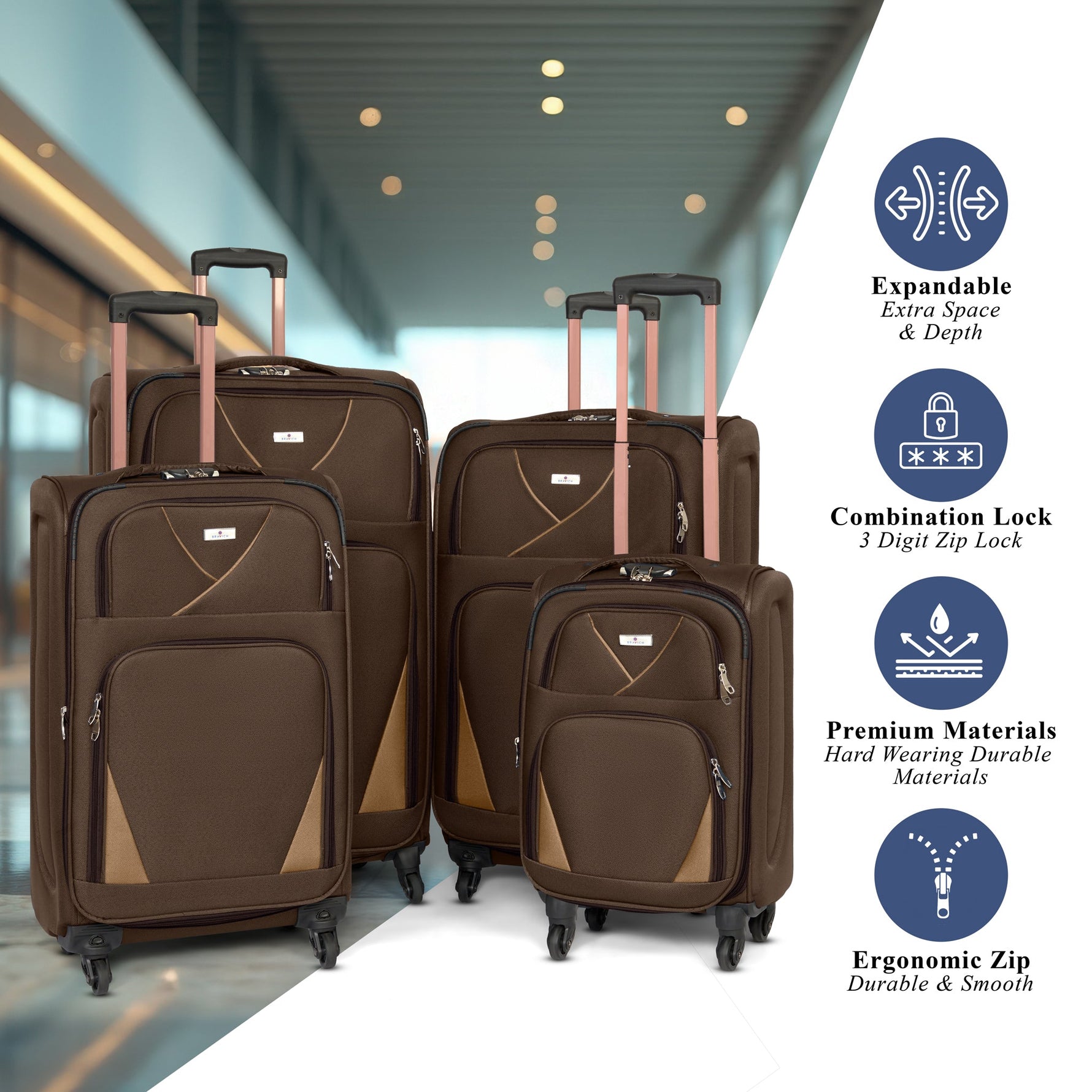 4 - Wheel Suitcase Set Soft Shell Luggage, Set of 4 L,M,S,Cabin - Assorted Colours - Bargainia.com - 