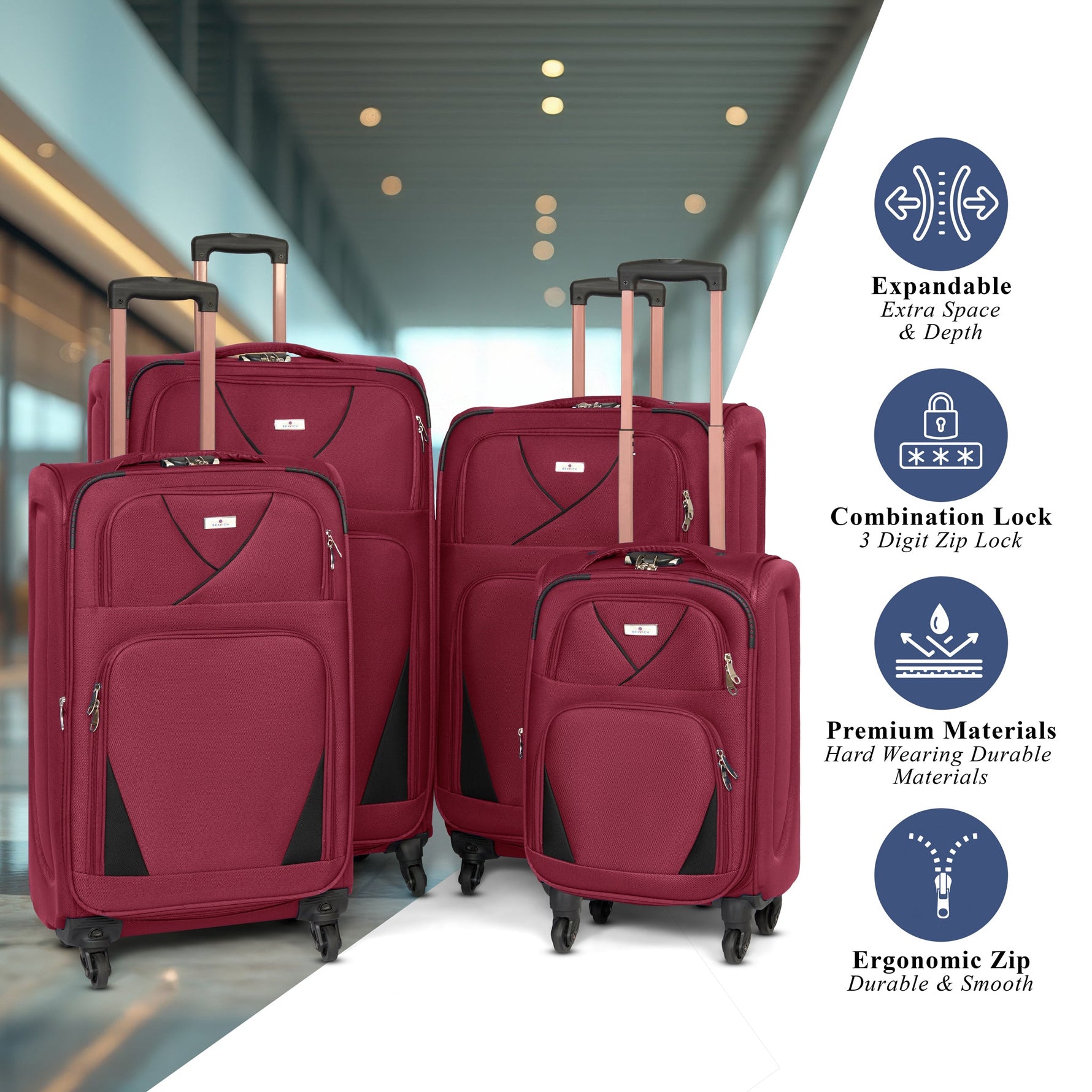 4 - Wheel Suitcase Set Soft Shell Luggage, Set of 4 L,M,S,Cabin - Assorted Colours - Bargainia.com - 