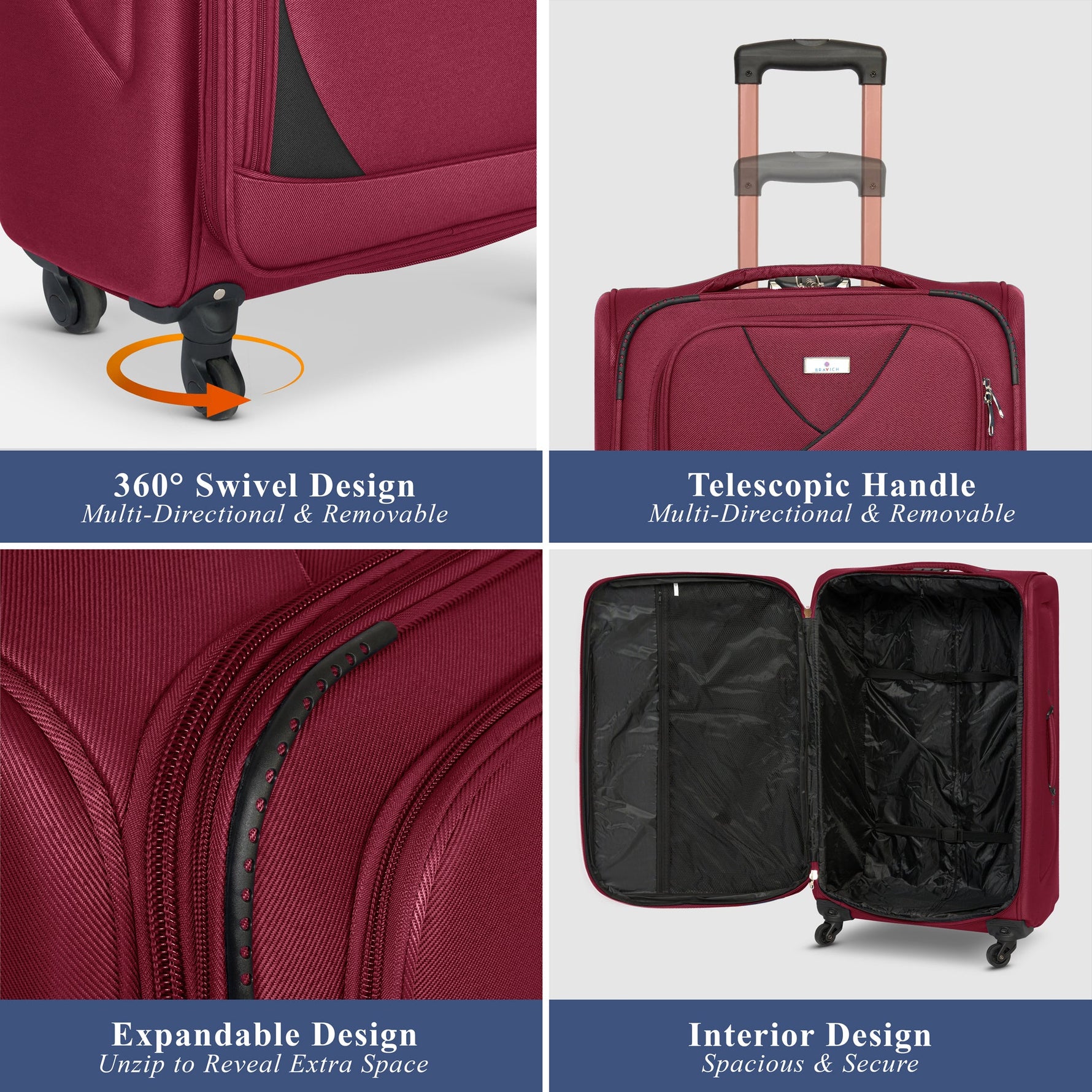 4 - Wheel Suitcase Set Soft Shell Luggage, Set of 4 L,M,S,Cabin - Assorted Colours - Bargainia.com - 