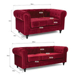 Chesterfield Velvet Sofa Set, Wine Red 2 and 3 Seater Sofas, Button Tufted Back, Scroll Arms and Solid Wood Frame