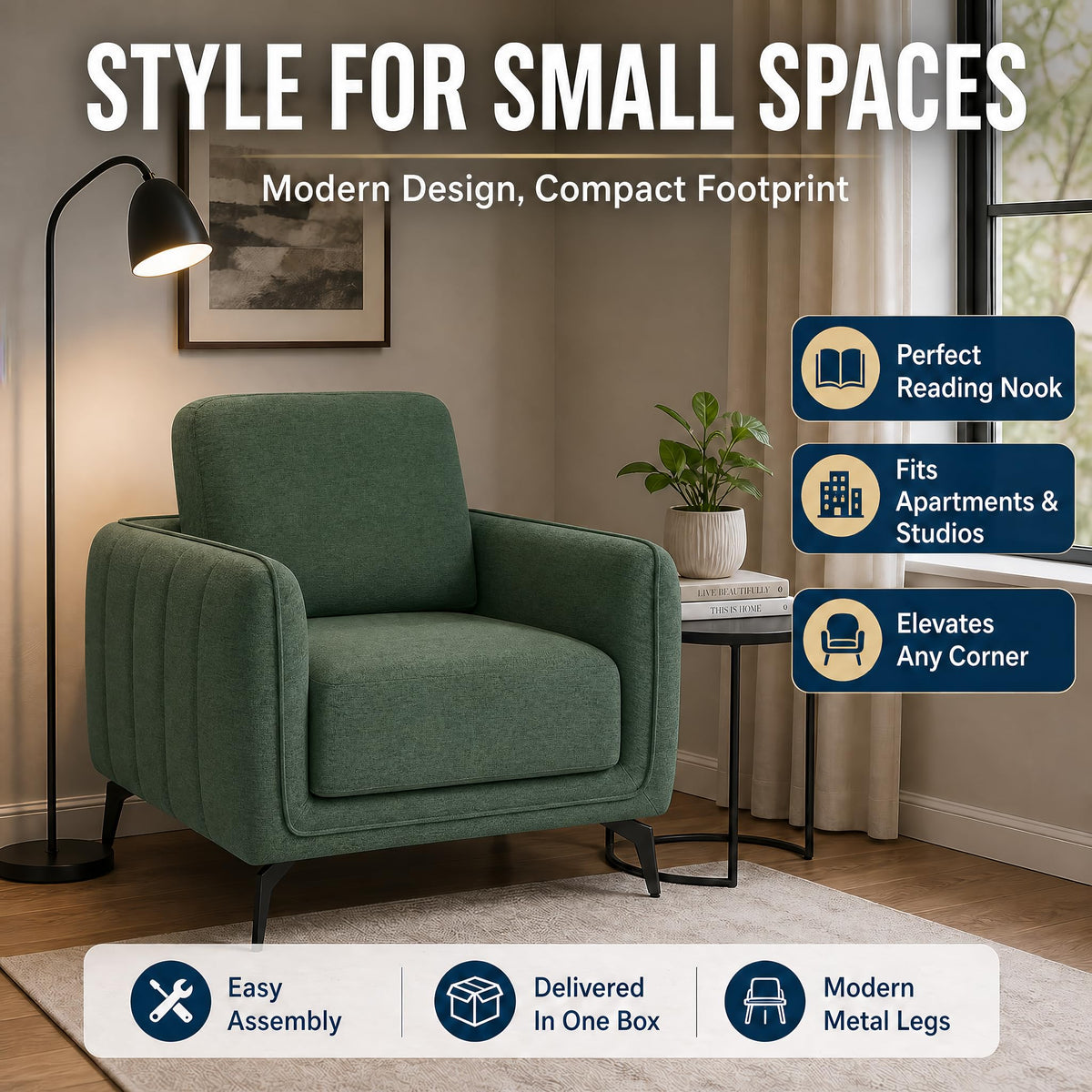 Brixton Green Linen Look Fabric Armchair, Modern Accent Chair with Solid Wood Frame and Black Steel Legs