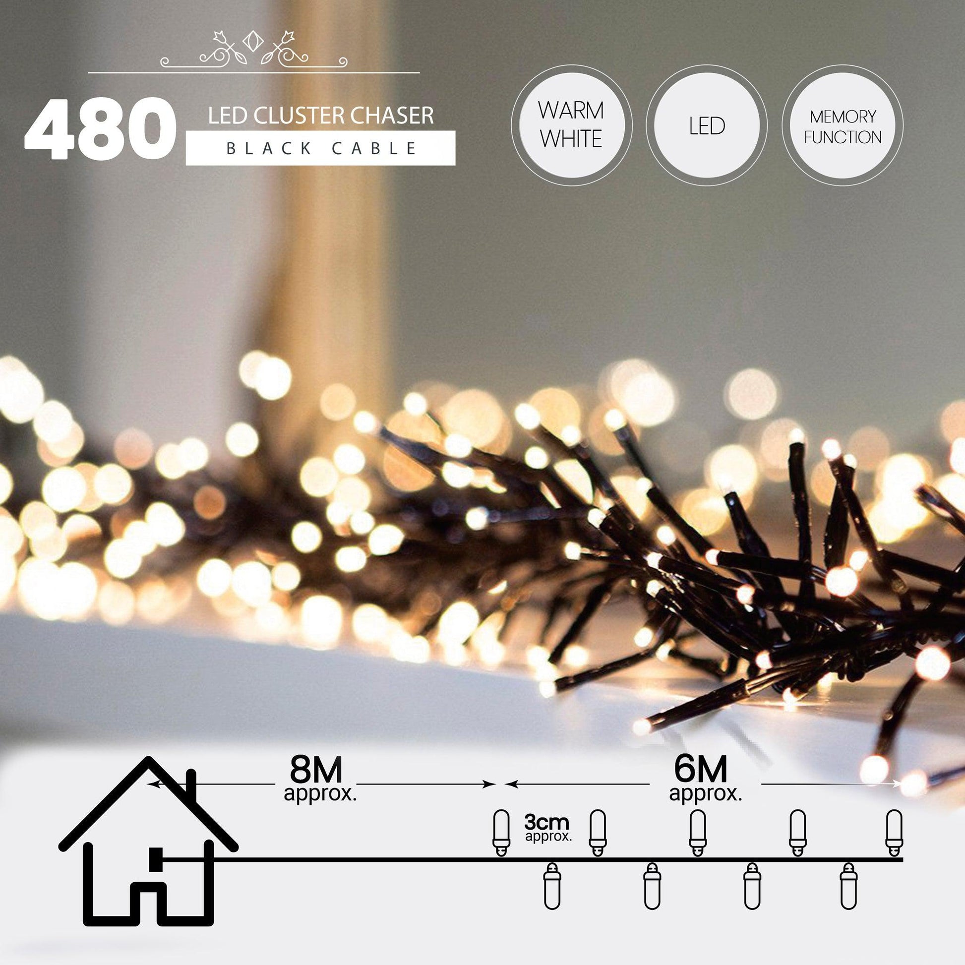 480 LED Cluster Lights Indoor/Outdoor - Warm White - 6m Lighting Clearance