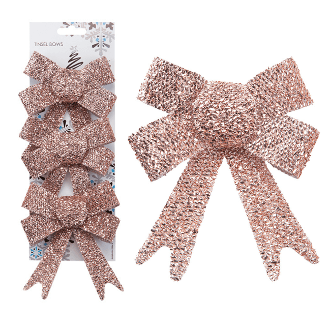 Christmas Tinsel Bow Rose Gold Glitter 3 Pack 10cm