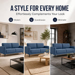 Brixton Blue Fabric Sofa, 3 Seater Linen Look Settee with Solid Wood Frame, Foam Cushions and Steel Legs