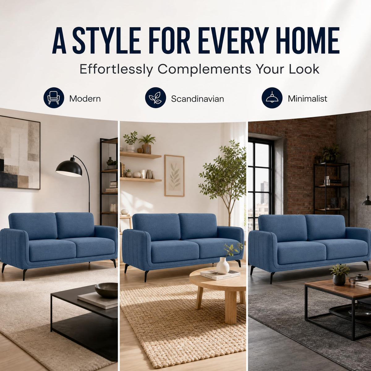 Brixton Blue Fabric Sofa, 3 Seater Linen Look Settee with Solid Wood Frame, Foam Cushions and Steel Legs