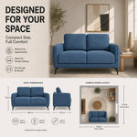 Brixton Blue Fabric Sofa, 2 Seater Linen Look Settee with Solid Wood Frame, Foam Cushions and Steel Legs