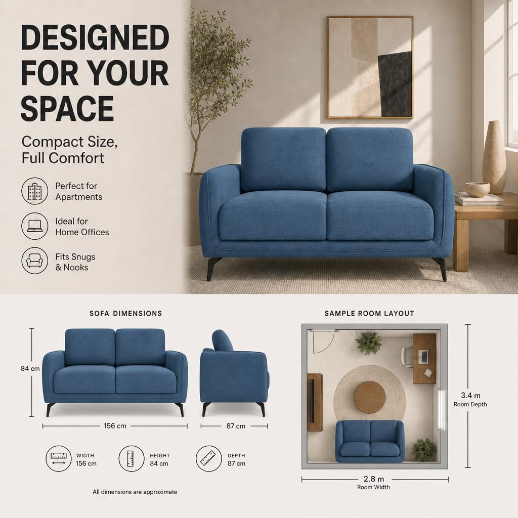 Brixton Blue Fabric Sofa, 2 Seater Linen Look Settee with Solid Wood Frame, Foam Cushions and Steel Legs