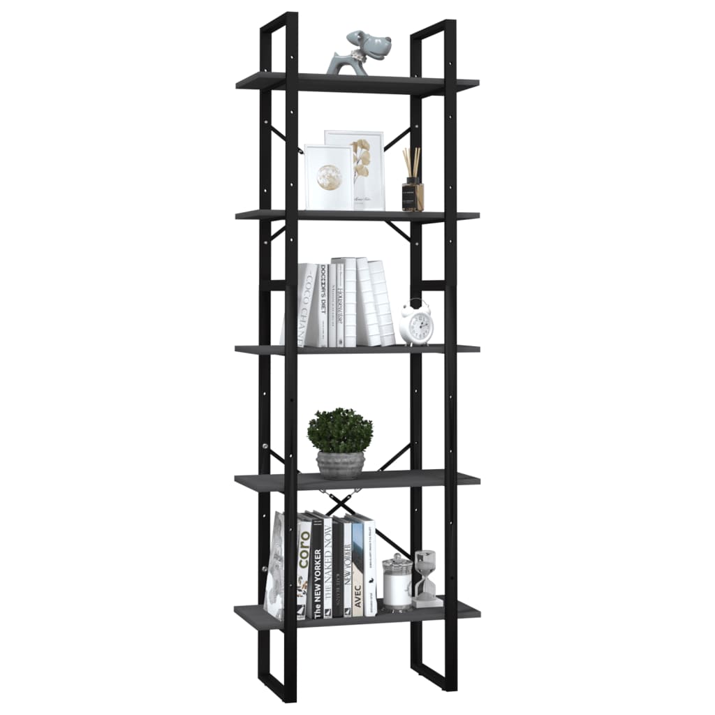 5 - Tier Book Cabinet Grey 60x30x175 cm Pinewood - Bargainia.com - 8720286649411 - 3081985