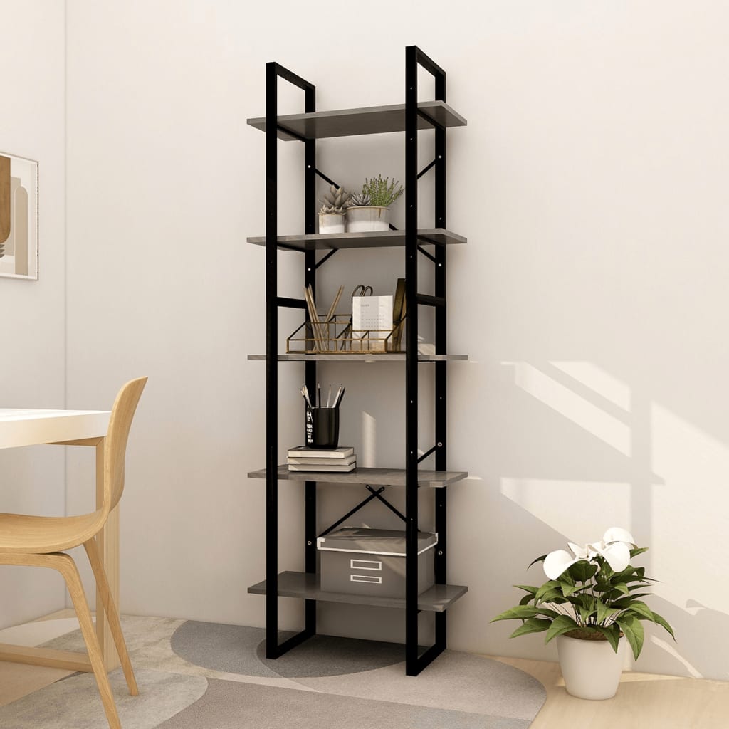 5 - Tier Book Cabinet Grey 60x30x175 cm Pinewood - Bargainia.com - 8720286649411 - 3081985