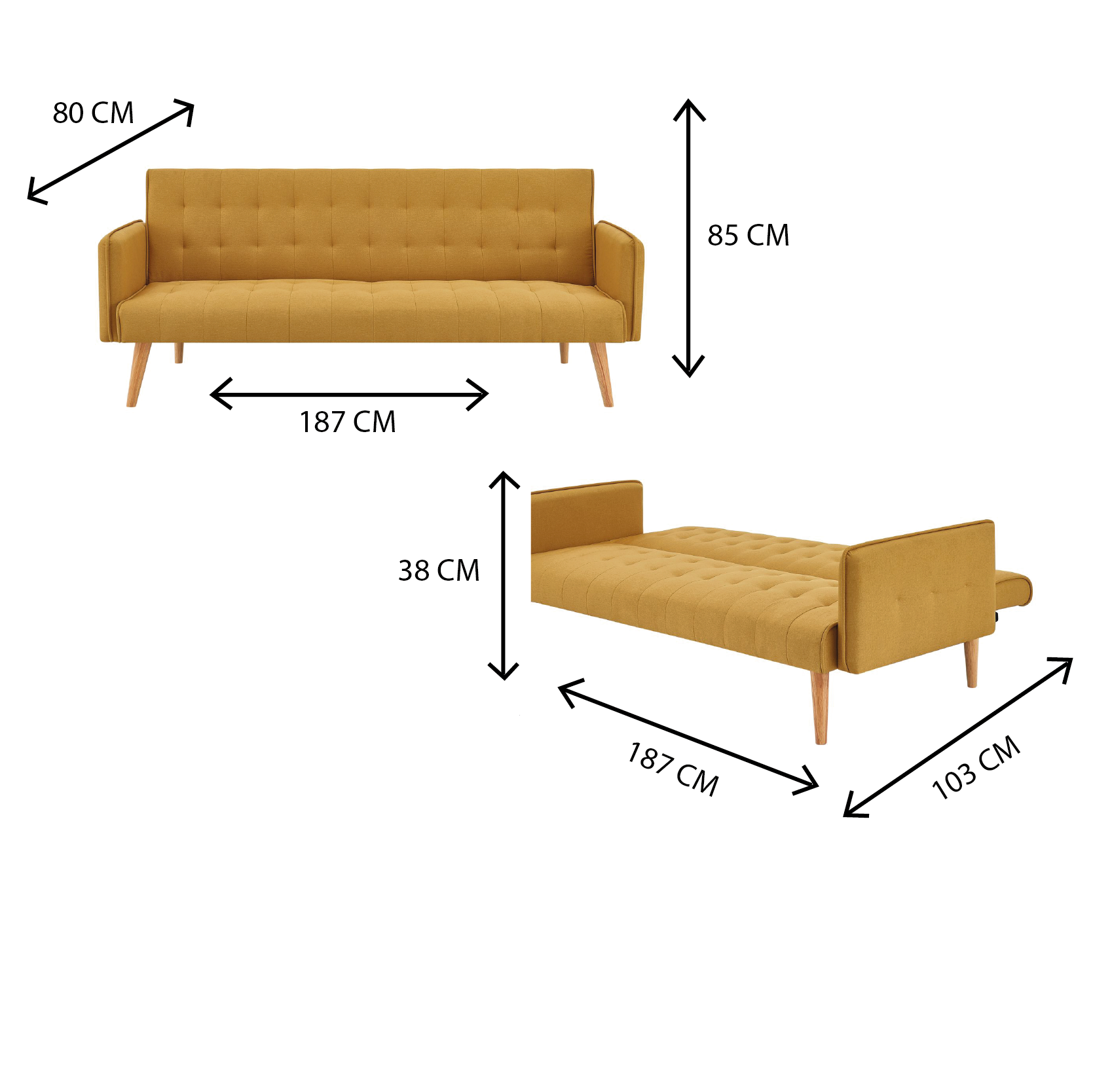 Mario Click Clack 3 Seater Double Sofa Bed - Mustard Bargainia