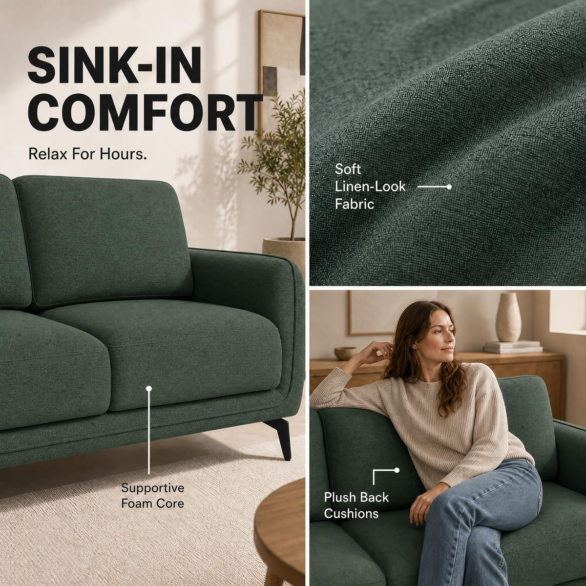 Brixton Green Fabric Sofa, 2 Seater Linen Look Settee with Solid Wood Frame, Foam Cushions and Steel Legs