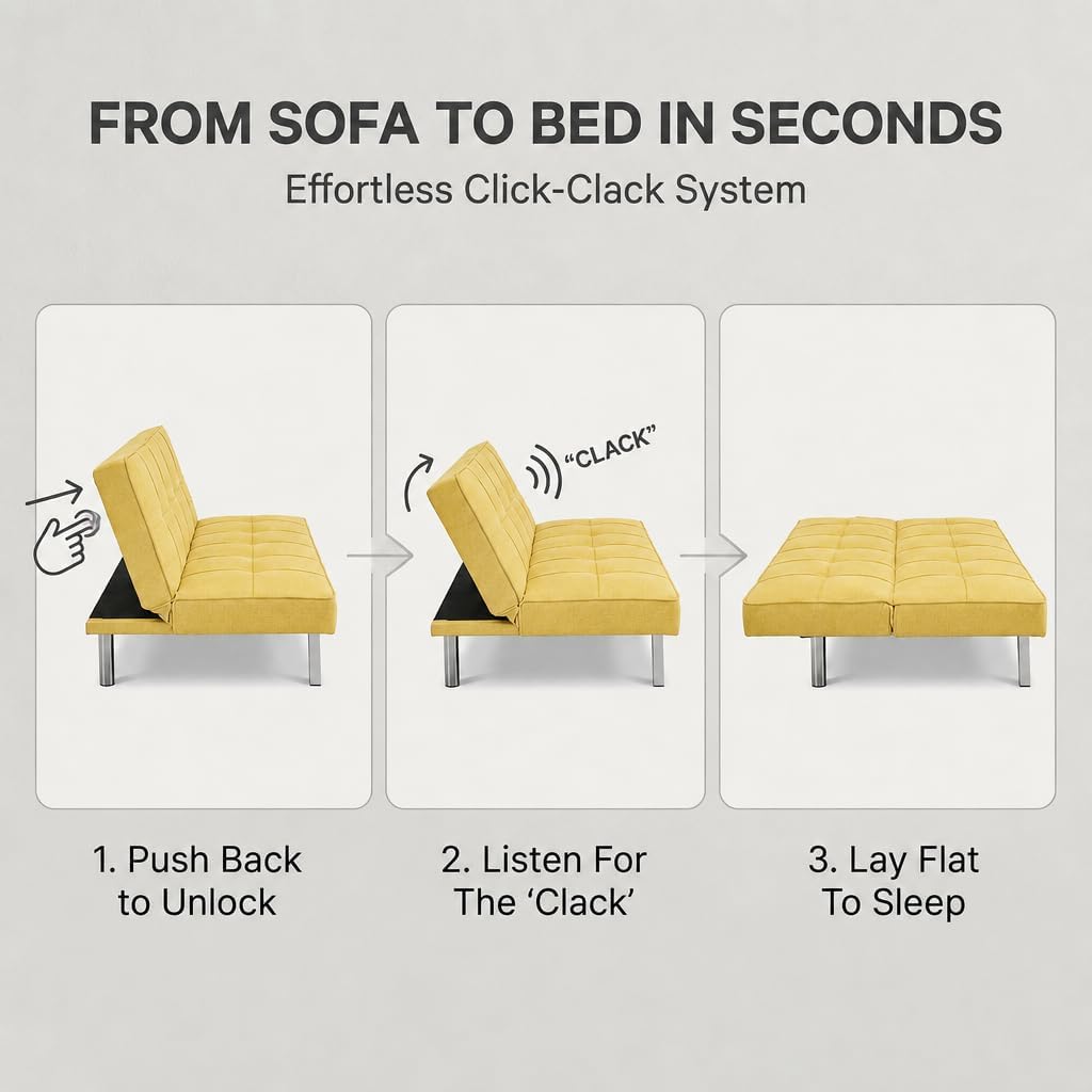 Britney Yellow Click Clack Sofa Bed, 3 Seater Linen Blend Fabric Settee, Converts to Double Bed, Chrome Legs
