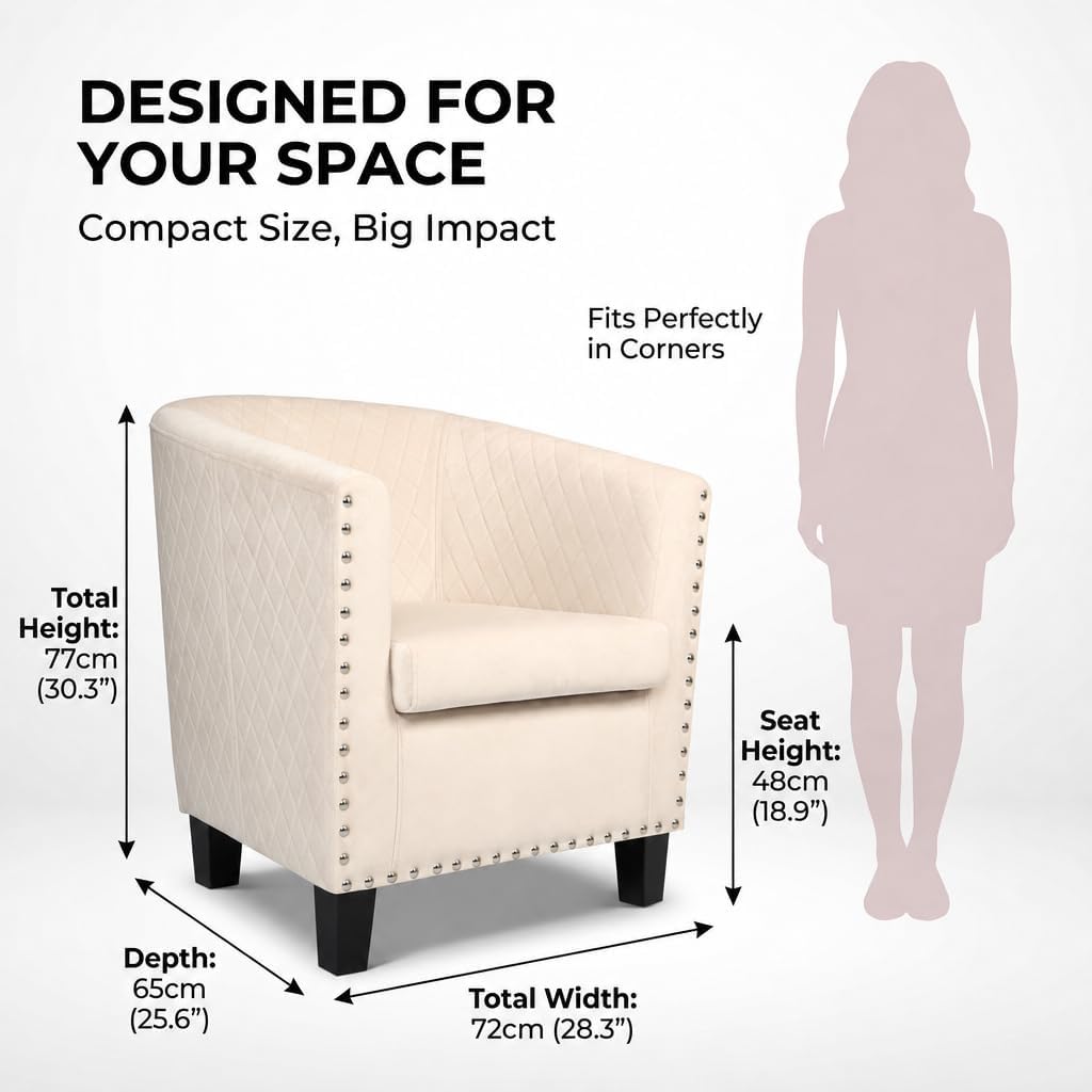 Cream Velvet Tub Chair, Stilo Compact Accent Armchair with Tufted Back, Dressing Table and Bedroom Chair