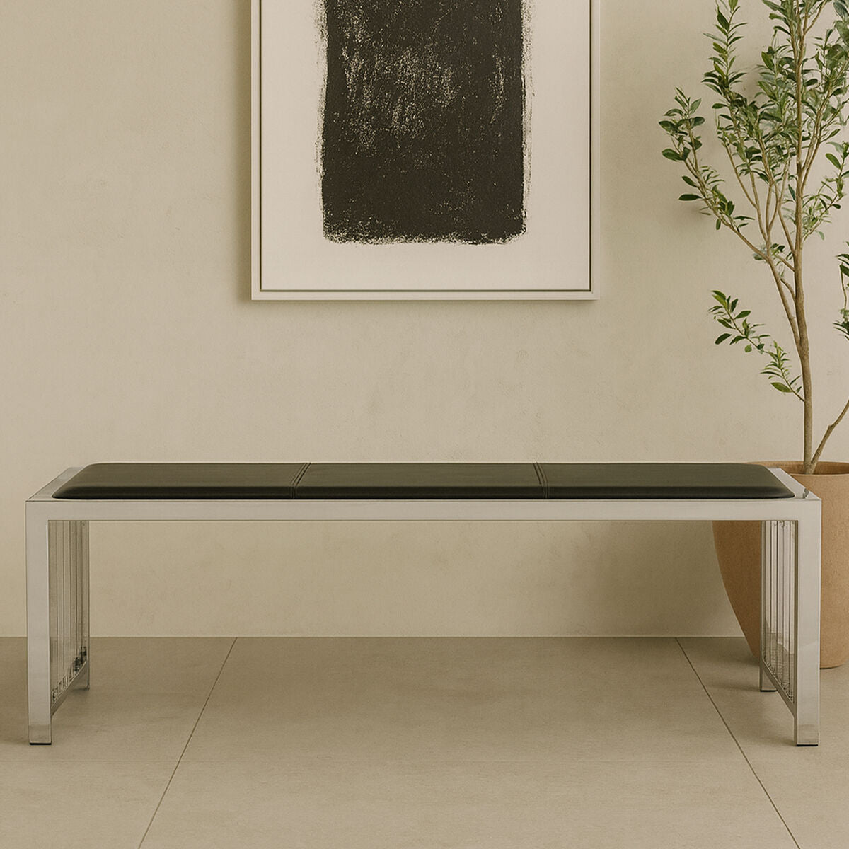 Novara Black Leather Bench with Stainless Steel Frame