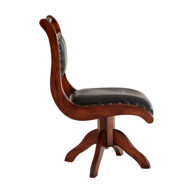 Inca Black Leather and Teak Wood Swivel Chair
