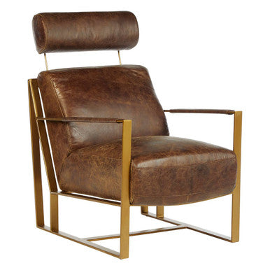 Hoxton Brown Leather Lounge Chair with Rose Gold Iron Frame
