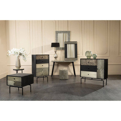 Boho Black and White Bone Inlay Console Table with Metal Legs