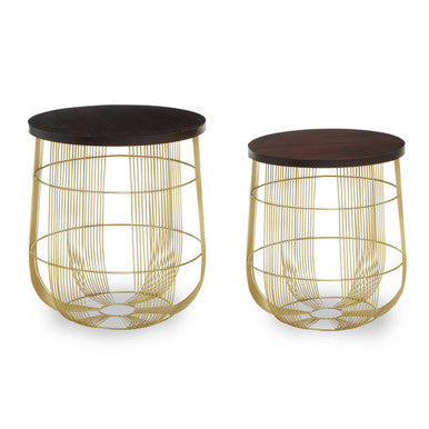 Agra Set Of 2 Side Tables In Mango Wood And Brass Finish