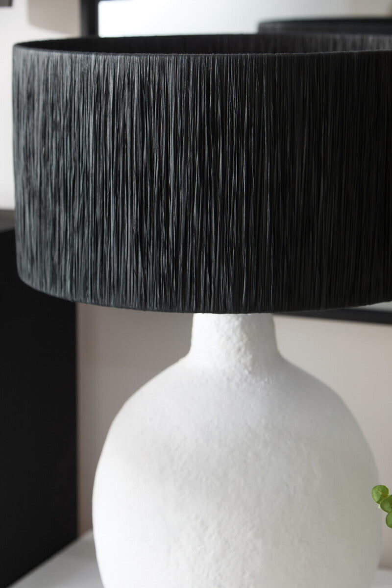 Carta White Papier Mache Table Lamp With Black Raffia Shade