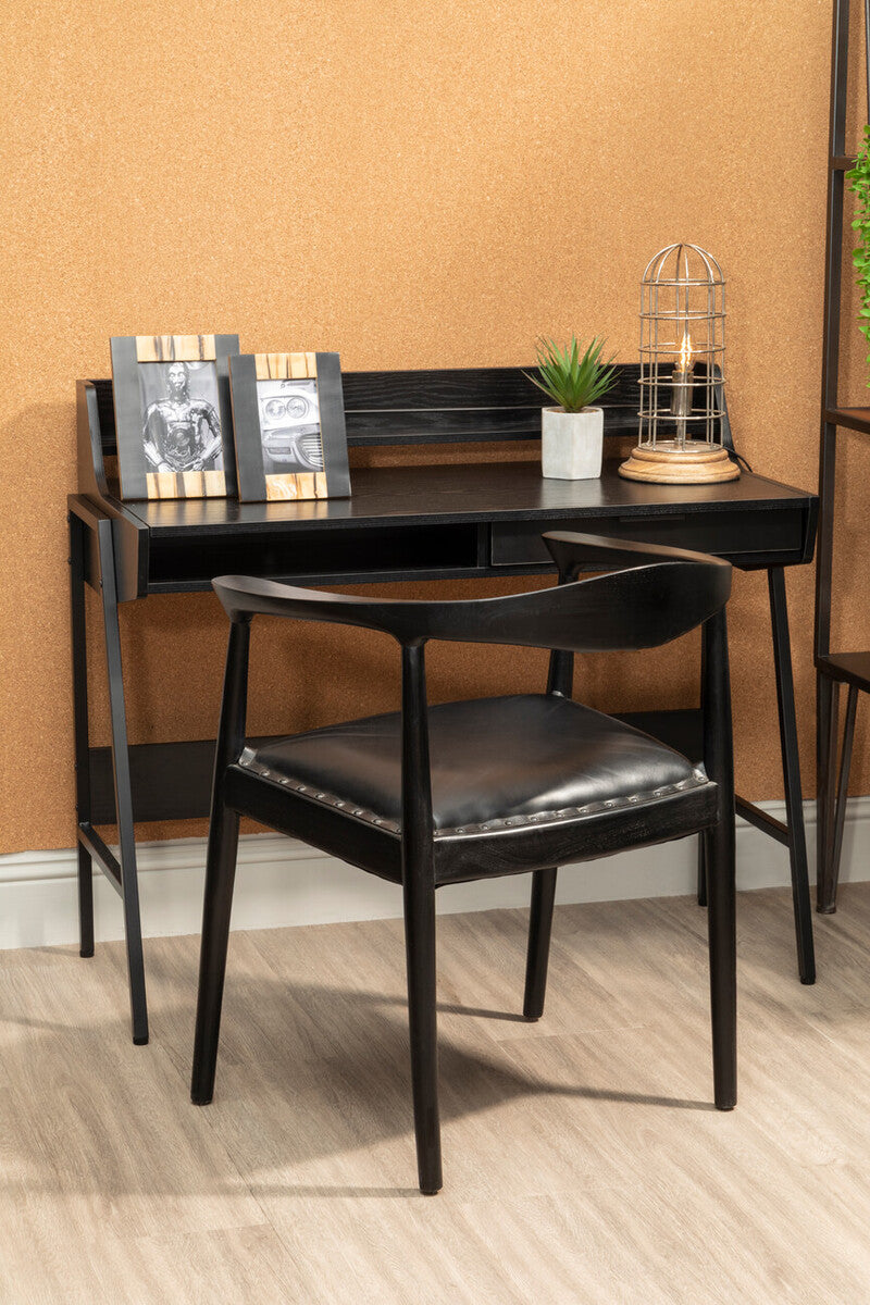 Kendari Black Leather and Teak Wood Chair