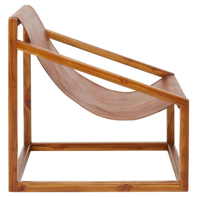 Kendari Brown Leather and Teak Wood Sling Chair