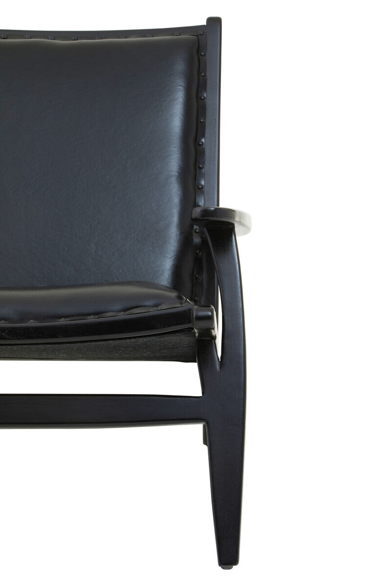 Kendari Black Leather and Teak Wood Chair with Stud Detail
