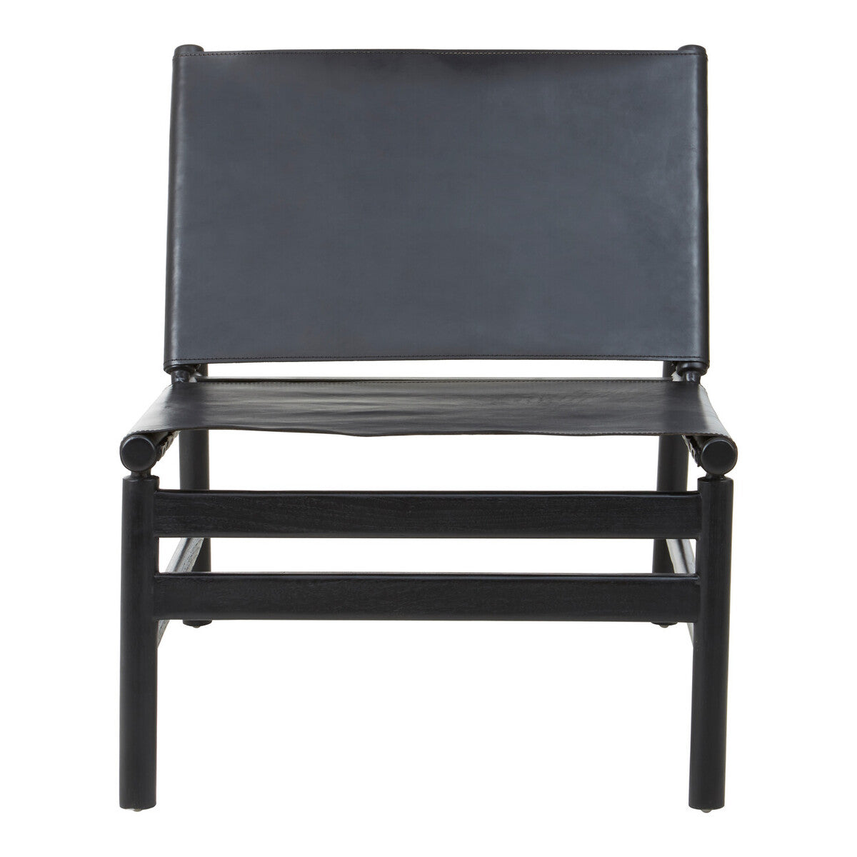 Kendari Black Leather and Teak Modern Sling Chair